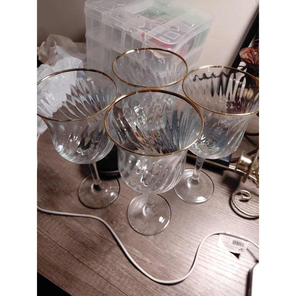 Set of 4 Clear Glass Wine Goblets with Gold Rim Decorated Curved Inward Design - Picture 1 of 2